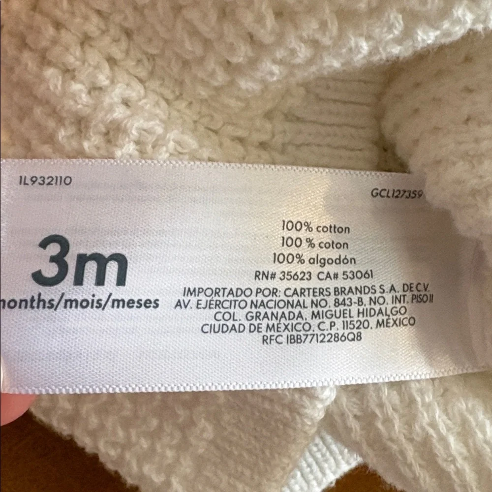 Carter’s Cozy White Knit Baby Hoodie - Knitted with Ears - Size 3 month